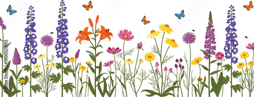 Colorful flat vector illustration of a spring wildflower meadow with lilies sunflowers lavender and butterflies in a vibrant garden border,