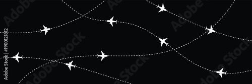 Airplane flight routes travel pattern background. Seamless aviation themed background with airplane icons and dotted flight paths, representing air travel, global transportation. Vector illustration. 