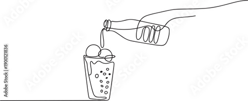 Continuous line drawing of a hand pouring soda into a glass with ice cream, symbolizing a refreshing black cow float. This artwork captures a beverage concept. one line Icon drawing