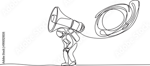 Single one line drawing young astronaut under heavy megaphone burden. Conflict and communication trouble in space exploration. Cosmic galaxy space. one line Icon drawing