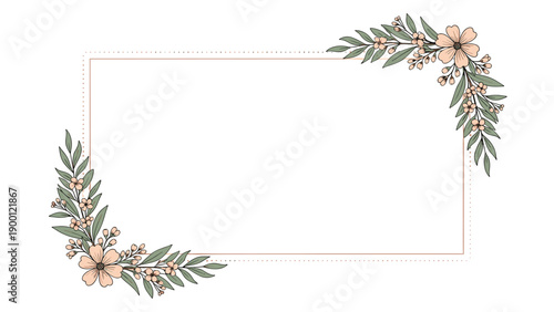 Elegant rectangular border frame decorated with delicate pink flowers and green leaves in two opposite corners.