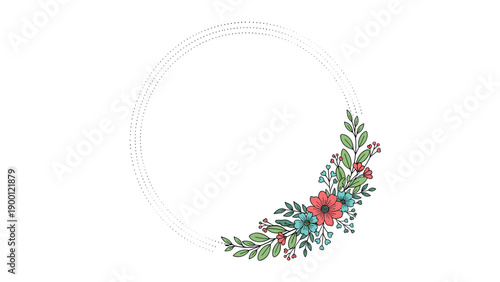 Round decorative frame made of concentric dashed circles and a colorful bouquet of flowers at the bottom right corner.