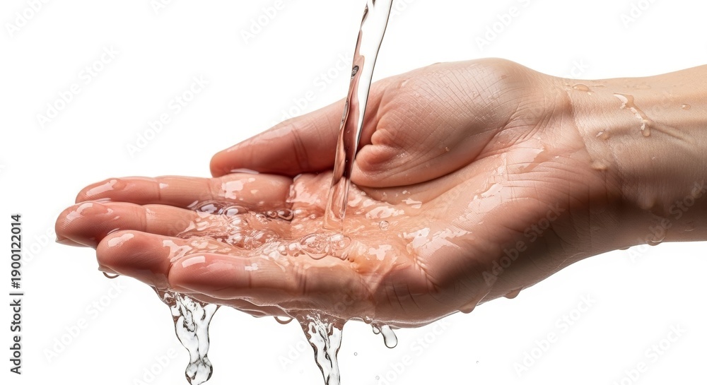 Fototapeta premium water pouring down onto a hand, on a solid white background, wet fluid splash