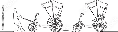 Continuous one line drawing pulled rickshaw vehicles that are a part of history in China and Japan with two wheels and being towed by humans. one line Icon drawing
