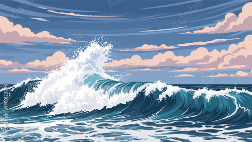 Powerful ocean wave crashes in a dynamic pixel art scene under a vast sky filled with fluffy pink and white clouds during a beautiful sunset.