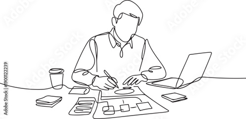 One continuous line drawing of young company founder formulating standard operating procedure for their startup. Business growth discussion concept. one line Icon drawing