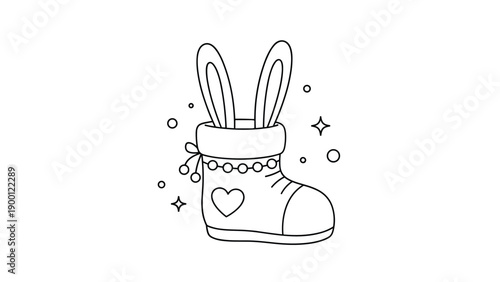 Whimsical line art drawing features a small decorative boot with long bunny ears sticking out and a cute heart on the side with stars.