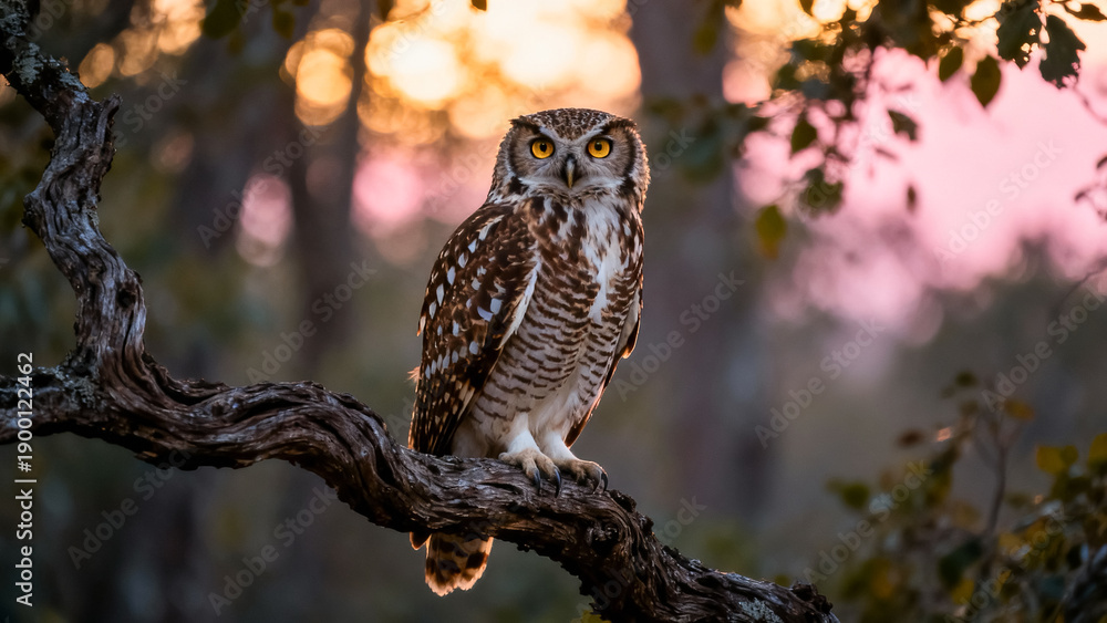 Obraz premium Owl perched on a tree branch in forest at dusk.