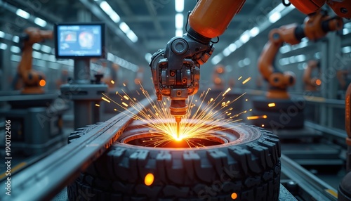 Robotic arm precisely welds tire on automated assembly line. Sparks fly from metalwork. Computer screen shows diagnostic data in factory. Advanced manufacturing process for car part production.