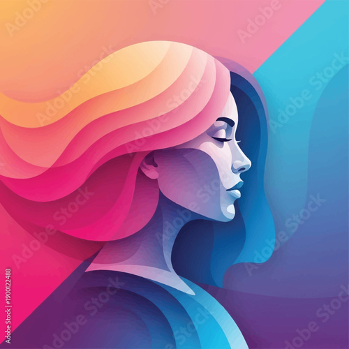 Serene woman with flowing hair in vibrant abstract background