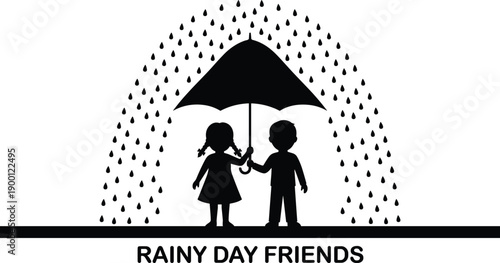 A black and white silhouette vector illustration featuring a young boy and girl sharing an umbrella during a rainy day, symbolizing childhood friendship.