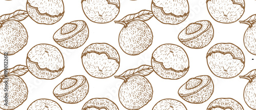 Seamless pattern with peeled and whole longan. Tropical fruits in vintage linear style. Can used for kitchen textile, wallpapers in botanical style, wrapping papers, fabric designs.