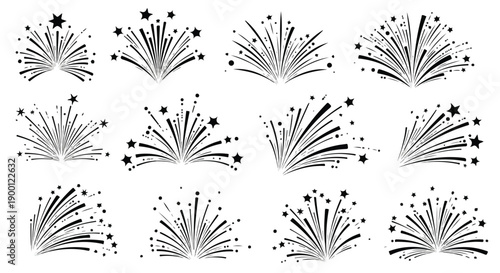 Vector black and white fireworks burst set with stars, celebration explosion graphic elements, isolated on white