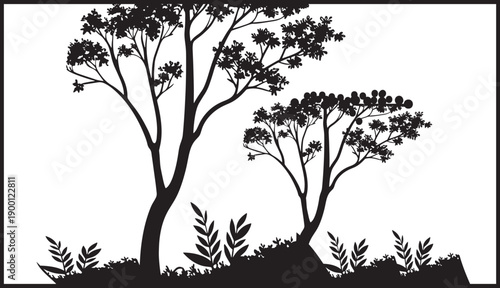 Two Silhouetted Trees with Foliage Against a White Background