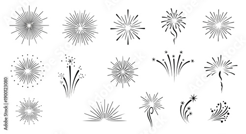 Vector black and white firework bursts and starbursts icon set, celebration explosion elements, isolated on white
