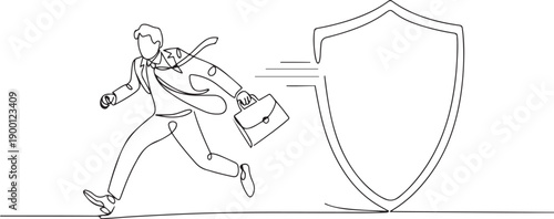 Single continuous line drawing stressed businessman being chased by shield. Out off financial insurance or fund safety. Expensive healthcare budget. one line Icon drawing