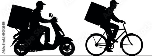 Black silhouette of delivery couriers on motor scooter and bicycle with thermal backpacks isolated on white background for logistics services.