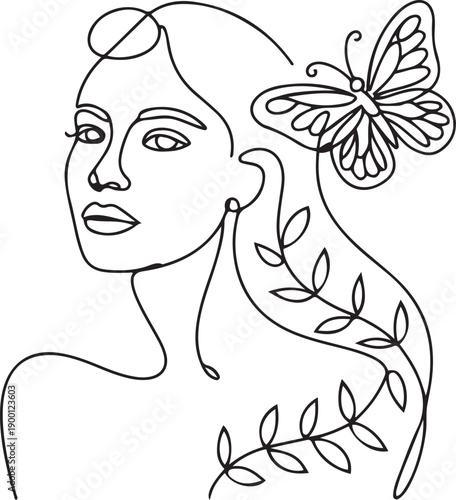 Single continuous line drawing beauty woman with butterfly artwork. Botanical, fashion, t-shirt print. Portrait face minimalistic style concept. one line Icon drawing