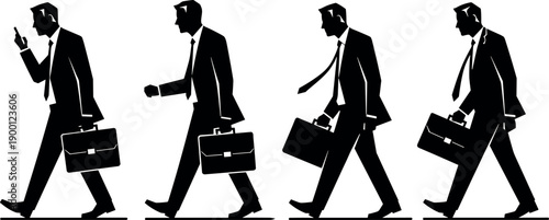 Businessman walking silhouette sequence set with briefcase and phone showing daily routine commute corporate professional life cycle and office worker
