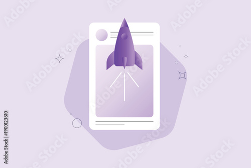 Social media content boost and promotion with rocket launching from digital screen. Digital marketing strategy concept illustration, user interface.