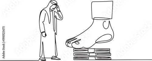 Single one line drawing Arabian businessman nodded in front of giant foot stepping on stack of banknotes. Receive orders to use capital as best as possible. one line Icon drawing