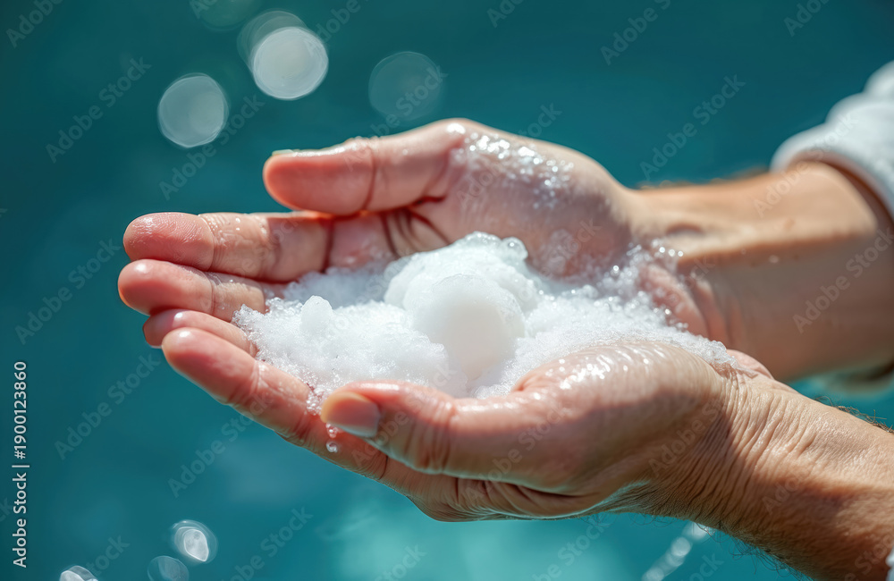 Fototapeta premium Hands hold white soap foam with water drops. Bubbles show clean skin care. Blue blurry background with light circles suggests hygiene and health practices.