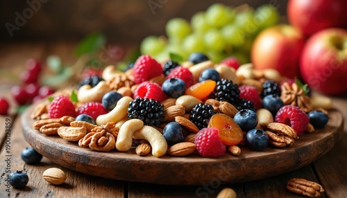 Assorted nuts, fresh berries arranged on rustic wooden board. Includes almonds walnuts cashews blueberries raspberries blackberries grapes, apples. Healthy snack ingredients for breakfast or dessert.