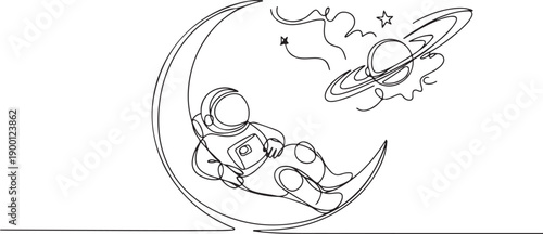 One single line drawing of space man astronaut exploring cosmic galaxy, leaning relax on crescent moon vector illustration. Fantasy outer space life fiction concept. one line Icon drawing