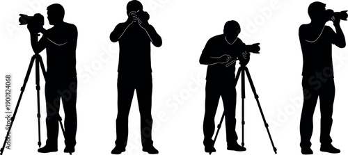 Professional Photographer Silhouettes Set Featuring Male Camera Operators Working with Tripods and Telephoto Lenses for Studio and Outdoor Photography Projects