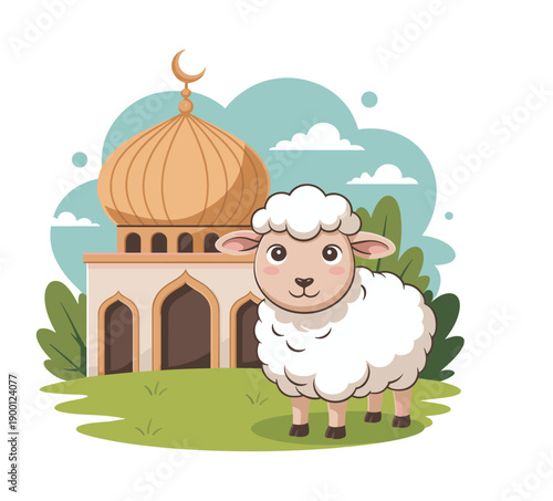 Cute sheep standing in front of a mosque on a sunny day