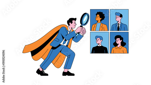 A cartoon man in a suit and cape examines people through a magnifying glass