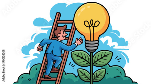 A cartoon man climbing a ladder to reach a large lightbulb growing on a plant with green leaves and a blue cloudy sky in the background.