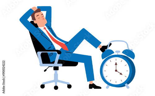 A relaxed businessman sitting in an office chair next to an alarm clock