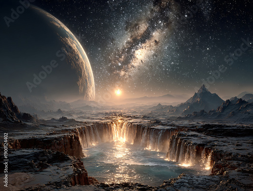 A surreal and otherworldly landscape features a bright sunset or sunrise over distant clouds and a large, planetary body behind a distant expanse of stars. Jagged rocks