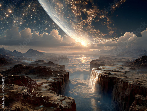 A surreal and otherworldly landscape features a bright sunset or sunrise over distant clouds and a large, planetary body behind a distant expanse of stars. Jagged rocks