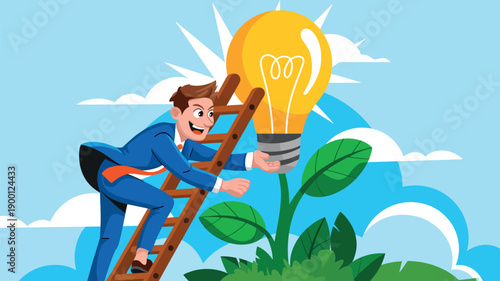 A cartoon businessman in a blue suit climbing a ladder to reach a large yellow lightbulb growing on a plant.