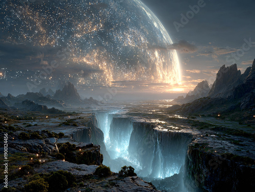 A surreal and otherworldly landscape features a bright sunset or sunrise over distant clouds and a large, planetary body behind a distant expanse of stars. Jagged rocks