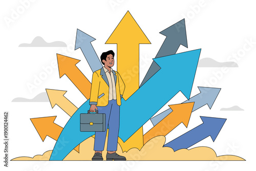 A confident businessman standing in front of a vibrant display of colorful arrows pointing upwards, symbolizing growth and success.