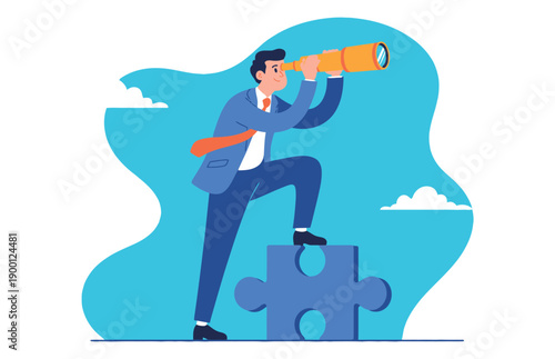 A businessman in a blue suit stands on a puzzle piece and looks through a telescope, symbolizing vision and strategy.