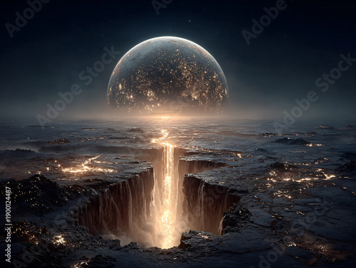 A surreal and otherworldly landscape features a bright sunset or sunrise over distant clouds and a large, planetary body behind a distant expanse of stars. Jagged rocks