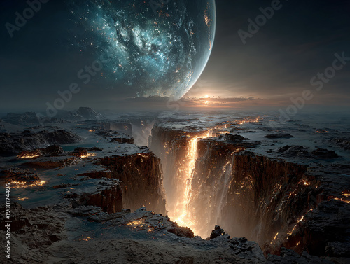 A surreal and otherworldly landscape features a bright sunset or sunrise over distant clouds and a large, planetary body behind a distant expanse of stars. Jagged rocks