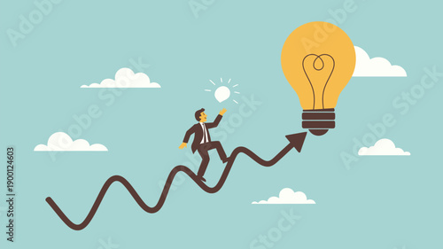 A cartoon businessman in a suit climbs a winding arrow towards a bright lightbulb idea under a blue sky with clouds.