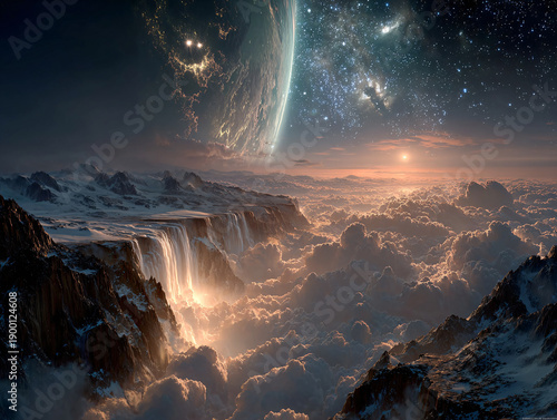 A surreal and otherworldly landscape features a bright sunset or sunrise over distant clouds and a large, planetary body behind a distant expanse of stars. Jagged rocks