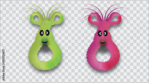 Cute fuzzy cartoon monster characters in green and pink on black background.