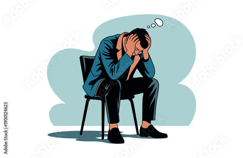 A stressed man sitting on a chair with his hands on his face, looking worried and overwhelmed.