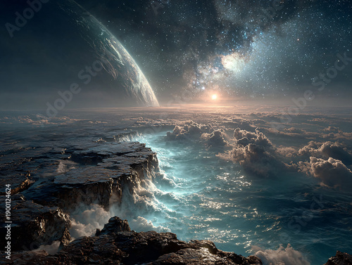 A surreal and otherworldly landscape features a bright sunset or sunrise over distant clouds and a large, planetary body behind a distant expanse of stars. Jagged rocks