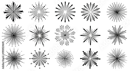 Vector black sunbursts, starbursts, and firework explosion shapes set, radial lines, retro comic book elements isolated on white