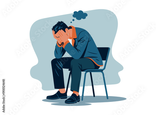 A man sits on a chair with his head in his hands, looking stressed and overwhelmed.