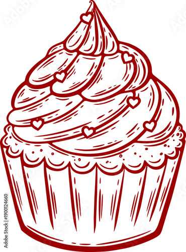 Cupcake topped with heart frosting, valentine's day muffin, sweet cake dessert engraving isolated