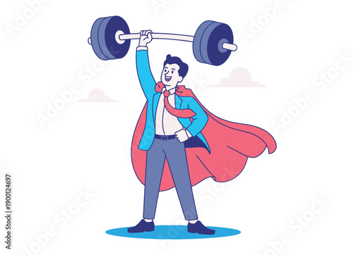 A cartoon superhero lifting a heavy barbell with one hand in a triumphant pose